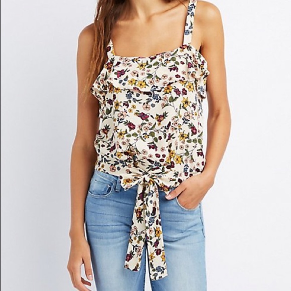 Floral Ruffle Top Tank with Bottom-Tie Detailing